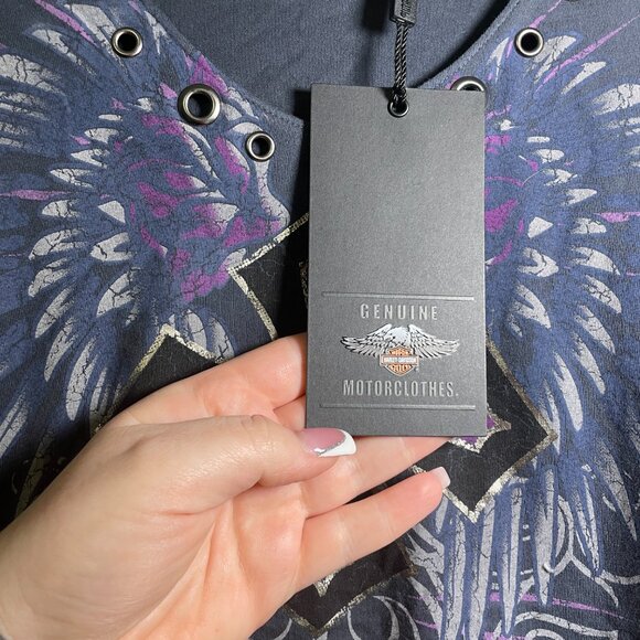 NWT Women's XL Harley Davidson Gray/Blue Winged Cross Short Sleeve T-Shirt - Picture 5 of 7